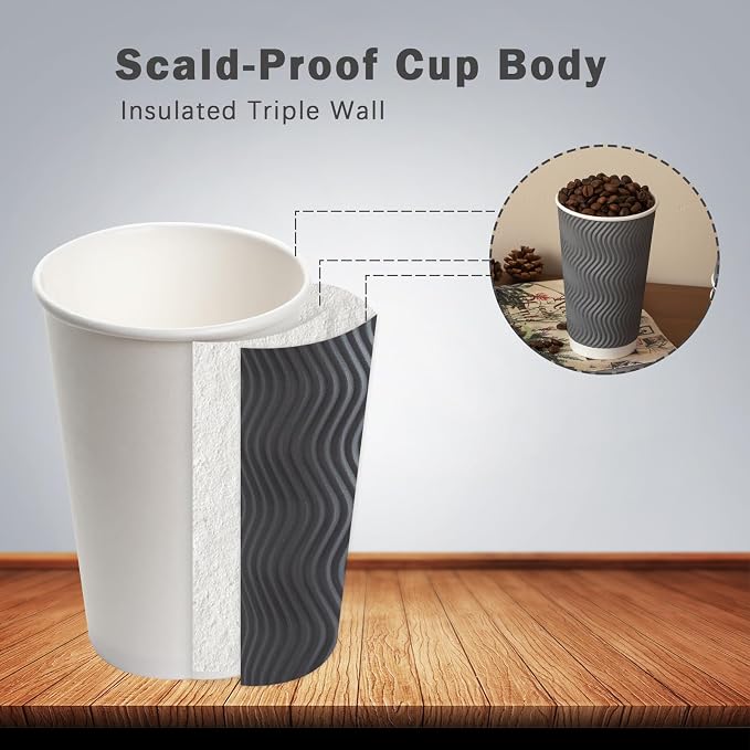 Clawsoff 90 Pack 16 oz Coffee Cups Disposable Insulated Paper Cup Gray | Premium Sturdy Ripple Wall, Ideal For Hot Beverage or Cold Drinks , Office, Home, Cafe, Party, Travel Daily Use - Image 3