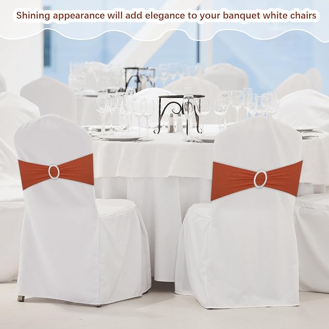 CHENGU 150 Pieces Spandex Stretch Chair Sashes Bows Elastic Chair Cover Bands Ties with Buckle Slider for Wedding Party Reception Events Universal Ceremony Banquet Decorations (Terracotta) - Image 6