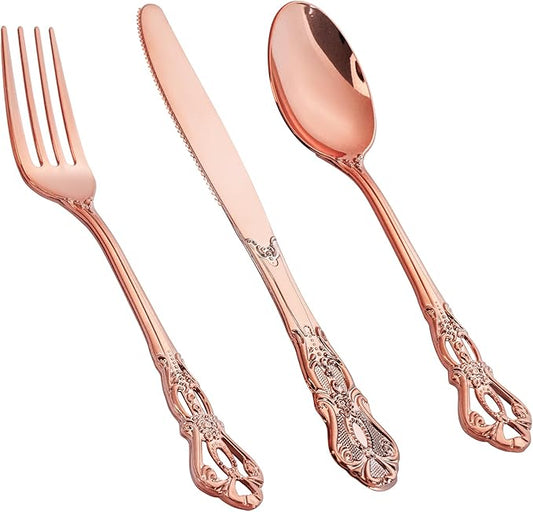 90 Pieces Rose Gold Plastic Silverware - Heavy Duty Disposable Utensils - Fancy Gold Plastic Cutlery Set Includes 30 Forks, 30 Spoons, 30 Knives for Dinner Parties Weddings