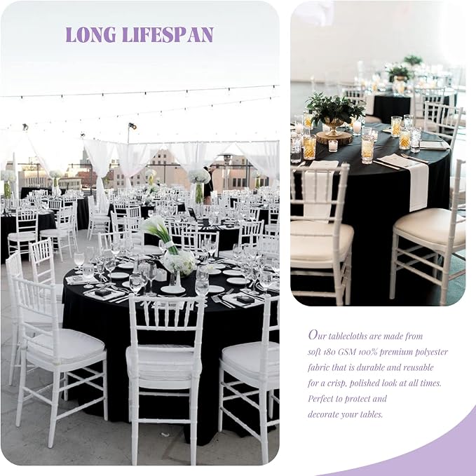 Showgeous 8 Pack Black Polyester 90 Inch Round Tablecloths | Soft polyester, wrinkle resistant, fade resistant, smooth finish, fine stitching, folded hems, reusable, machine washable - Image 3