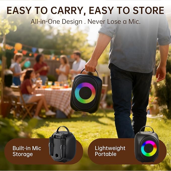Kinglucky Karaoke Machine for Kids & Adults, Portable Bluetooth Speaker with 2 Wireless Microphones,Powerful Sound, LED Lights, PA System for Birthday Parties and Family Fun Gifts for Loved One