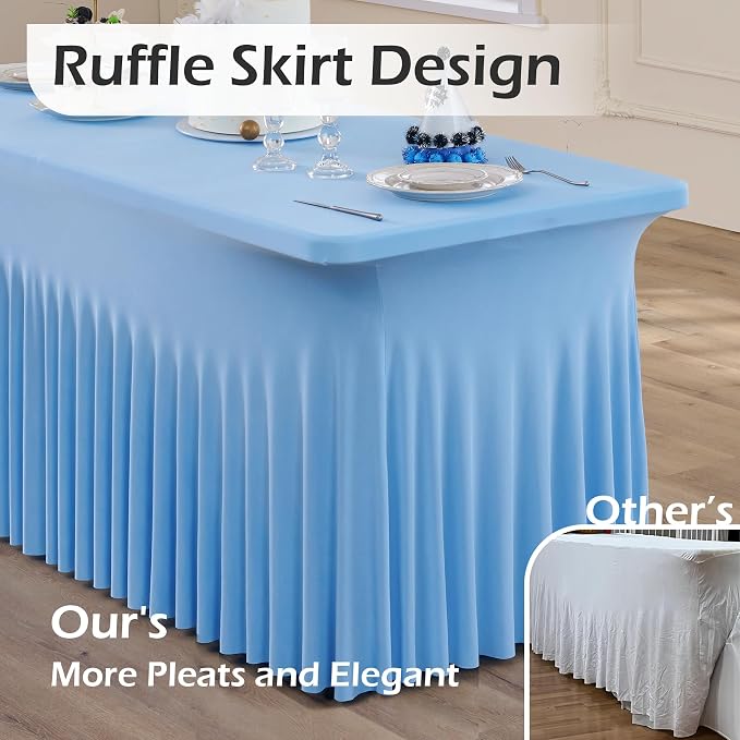 4 pk Baby Blue Spandex Tablecloth 6ft with Ruffle Skirt, Wrinkle Free High Stretch Fitted Tablecloths for 6 Foot Rectangle Tables, Blue Eastic Spandex Table Covers 6ft for Parties Banquet Weddings - Image 2