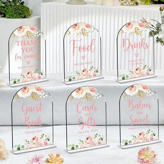 6 Pcs Baby in Bloom Shower Decorations, Baby Shower Sign, Newborn Gifts, Cards and Gifts Signs, Modern Arched Acrylic Table Top Signs With Stand for Birthday Party Decorations (Clear Pink Flower)