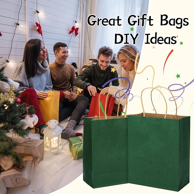 MOZRRO Gift Bags, 100 Pack 10.5x8.5x4.5 Inch, Paper Bags with Handles, Medium Size, Forest Green Gift Bag for Birthday, Wedding, Bulk, Party, Lunch, Goodie - Image 4