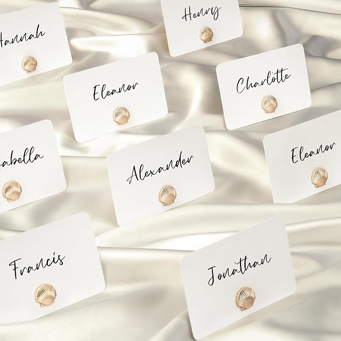 UNIQOOO 12Pcs Decorative Gold Shell Place Card Holders Bulk, Scallop Name Card Stands Set, for Beach Wedding Decor Coastal Favors, Table Setting, Business Card, Name Tag, Party Food Labels