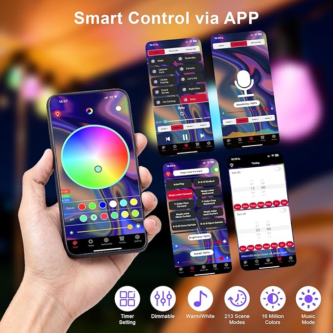 Outdoor String Lights 118FT Smart Patio Lights with Remote &APP Control, 36 LED Bulbs RGB IC Warm White, IP65 Waterproof Color Changing for Christmas, Balcony, Gazebo,Garden, Party, Holiday Decor