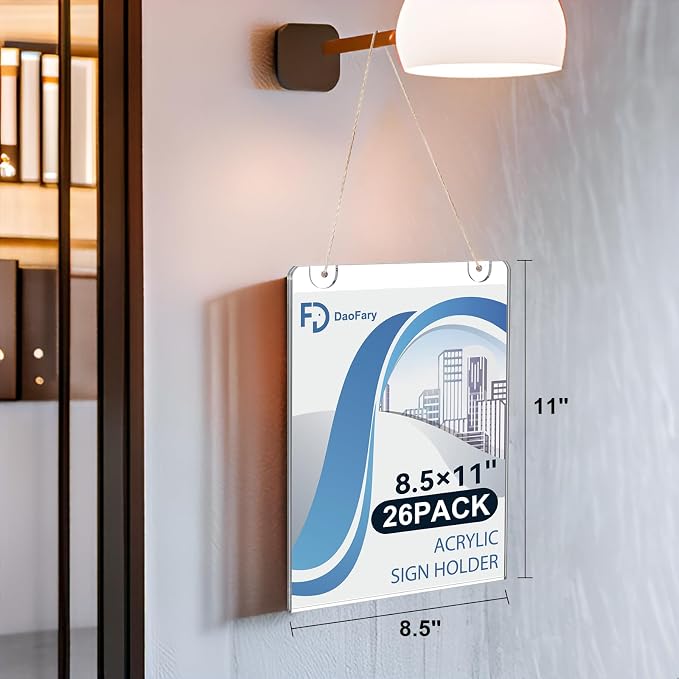 Daofary Acrylic Wall Sign Holder 8.5 x 11, 26 Pack Wall Mount,3-Way Install | Clear Acrylic Wall Picture Frame with Adhesive Tape, Screws and Rope; Easy Paper Changes for Offices, Stores and Schools - Image 6