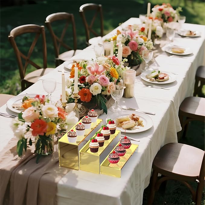 6 PCs Risers Display Stands 3 Tiers Desktop Acrylic Shelves Cake Dessert Holder Products Stand for Collectibles Shoes Jewels Pop Figure (Gold)