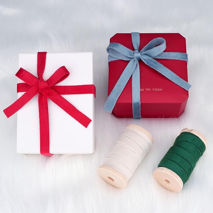 Velvet Ribbon Set - 3/8" x 20Yd, 4 Rolls in 4 Colors, Double Faced on Wooden Spool for Gift Wrapping, Christmas Decoration, Wreaths, Bow Making (Red-Green-Dusty Blue-Ivory) Febwind