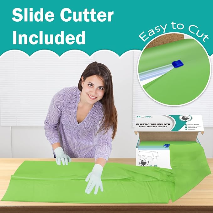 54 Inch x 300 Feet Lime Green Plastic Tablecloth Roll Disposable Table Cloth with Cutter Box Plastic Table Cover for Party - Image 3