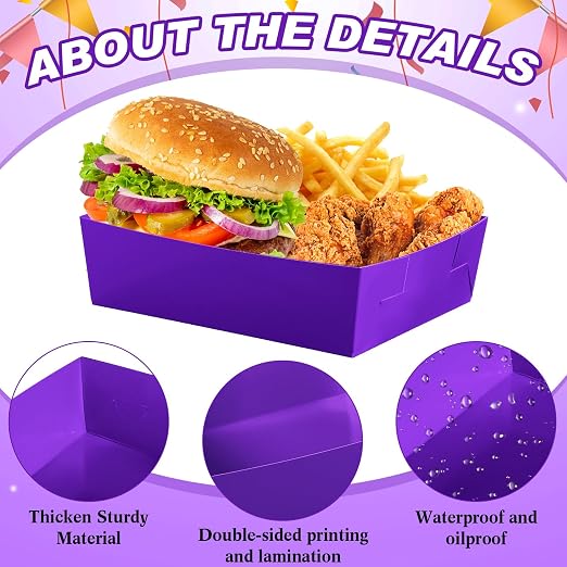 Uiifan 50 Pcs 5 lb Extra Large Paper Food Trays Disposable Food Boat Nacho Plate Serving Snack Trays Grease Resistant Self-assembly for Back to School Party Birthday Wedding Supply (Purple) - Image 4