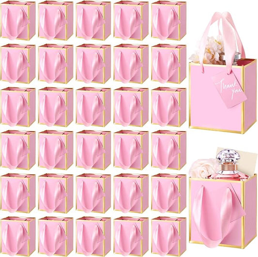 Yeaqee 25 Pcs Mini Paper Gift Bags with Handles Tag, Pink,Gold | Small Size, 4x2.75x4.5'', Metallic Trim, Ribbon Handle, Tiny Jewelry Gift Bag, Wedding Christmas Party Return Thank You Gift by Yeaqee