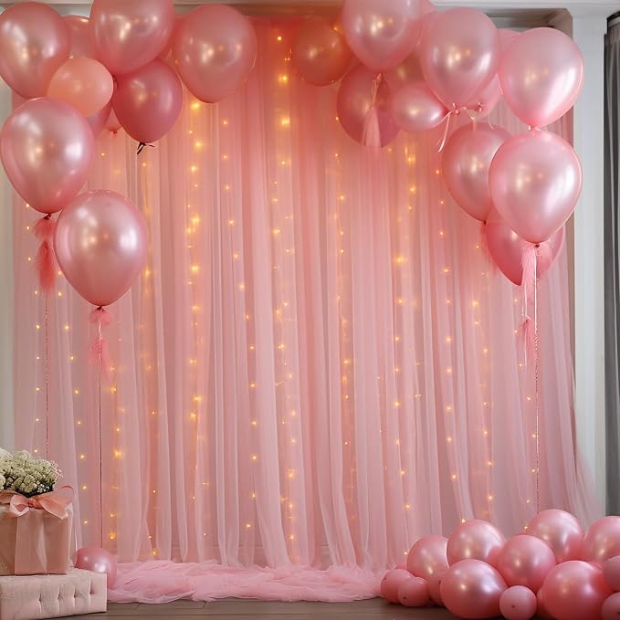 10ft x 8ft Dusty Rose Backdrop Curtain with Lights String for Parties, Sheer Tulle Wedding Photo Backdrops Drapes for Baby Shower Birthday Party Decorations Background for Photography - Image 6