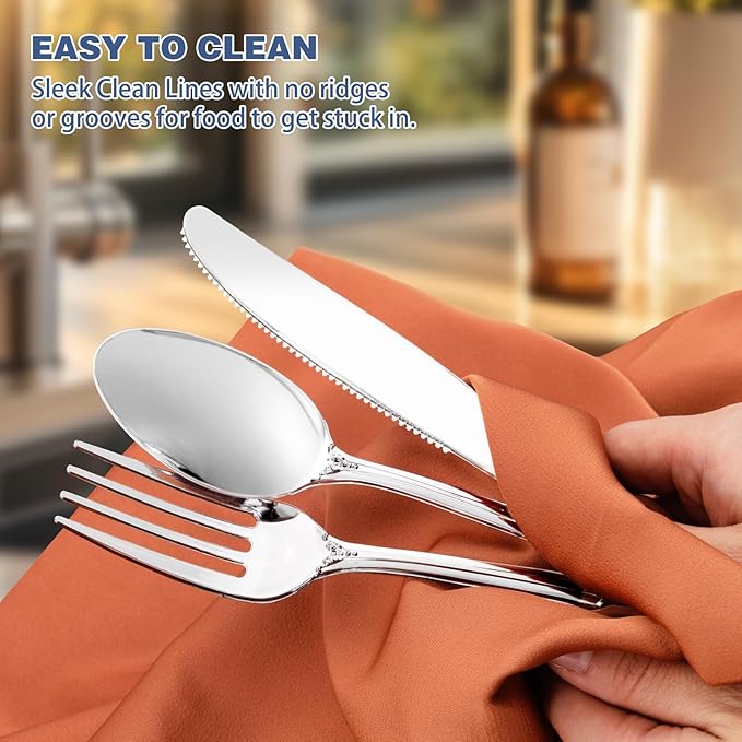 90PCS Silver Plastic Silverware - Heavy Duty Silver Disposable Cutley - Fancy Plastic Utensils Flatware Include 30 Forks, 30 Spoons, 30 Knives for Catering, Parties, Dinners, Weddings