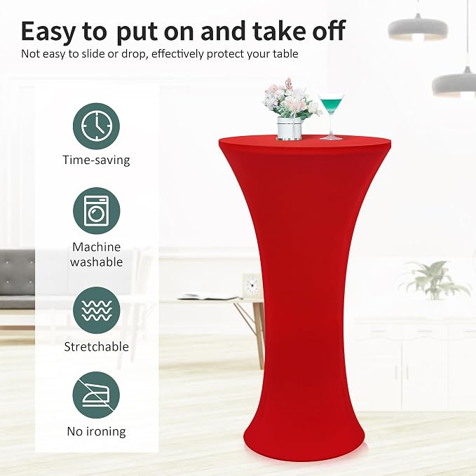 Wolkemer 4PCS 24x43 Inch Fitted Cocktail Tablecloth, Cocktail Table Cover | Red Round Cocktail Table Cloth, Highboy Stretch Spandex Table Cover for Bar Party Pub Wedding Banquet Indoor Outdoor - Image 5