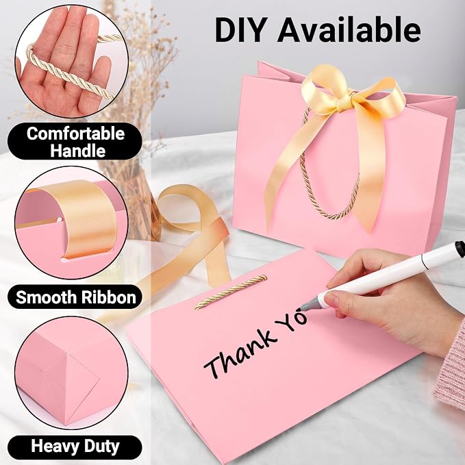 EUSOAR Pink Gift Bags, 12pcs 8.6"x3.9"x7" Thank You Gift Paper Bags with Bow Ribbon Handle, Small Shopping Party Favor Gift Treat Candy Bags Bulk for Wedding Guests Bridal Birthday - Image 4