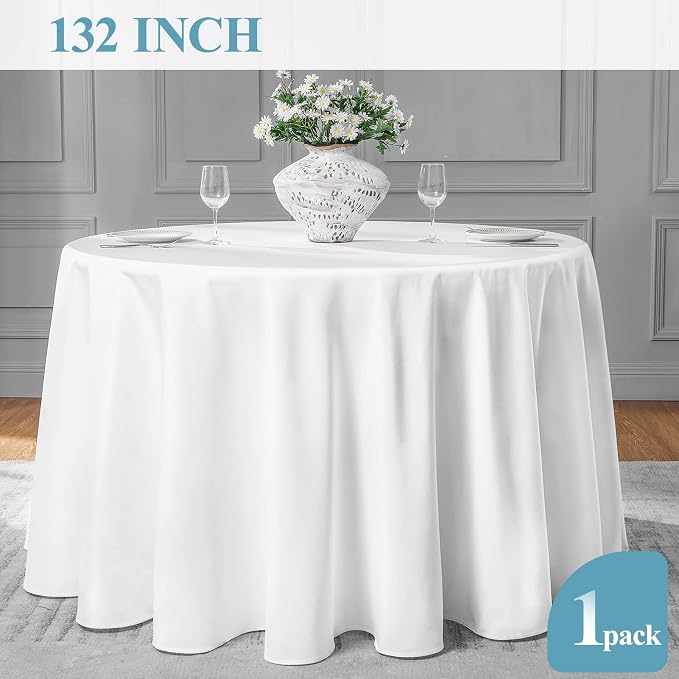 VidaFete 1 Pack 132inch Round Tablecloth Polyester Table Cloth, White | Stain and Wrinkle Resistant Polyester Dining Table Cover for Kitchen Dining Party Wedding Tabletop Buffet Decoration - Image 5