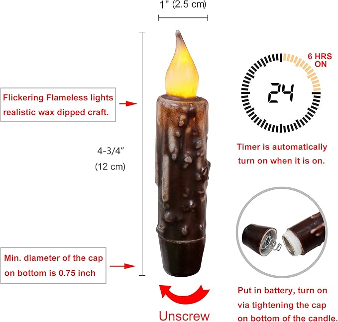 CVHOMEDECO. Real Wax Hand Dipped Battery Operated LED Timer Taper Candles Country Primitive Flameless Lights Décor, 4-3/4 Inch, Brown, 3 PCS in a Package