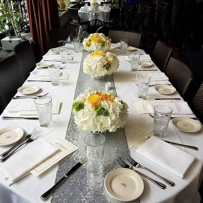 Silver Sequin Table Runner 12 Pack, 12x108 Inch Glitter Table Runner - Image 3