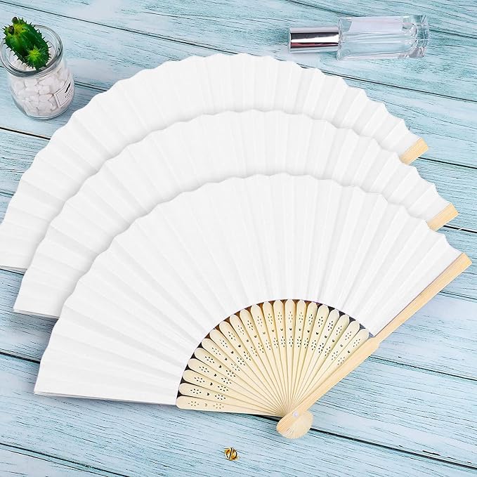 FEPITO 20 Pieces White Handheld Paper Fan | Paper Folding Fans with Bamboos for Wedding Gift, Party, Home - Image 5