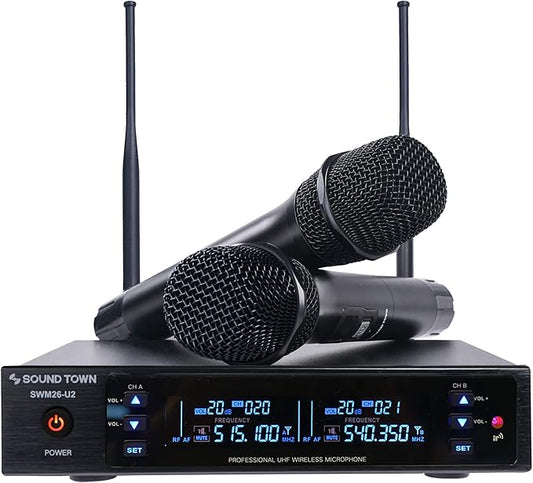 Sound Town Metal 200 Channels UHF Wireless Microphone System with 2 Handheld Microphones and Auto Scan, for Church, School, Outdoor Wedding, Meeting, Party and Karaoke (SWM26-U2HH)