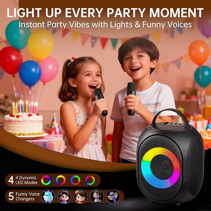 Kinglucky Karaoke Machine for Kids & Adults, Portable Bluetooth Speaker with 2 Wireless Microphones,Powerful Sound, LED Lights, PA System for Birthday Parties and Family Fun Gifts for Loved One