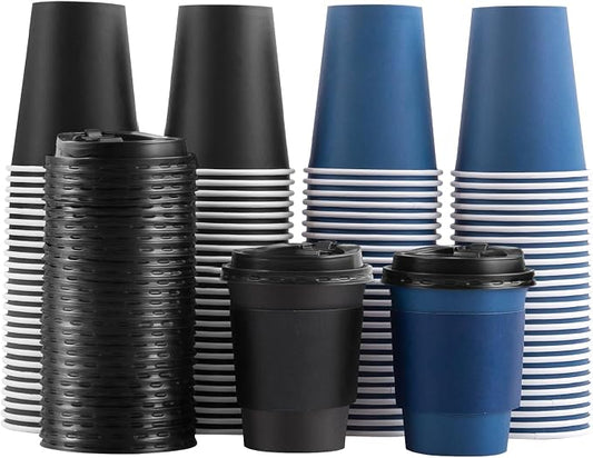 SIUQ 100 Pack 10 oz Coffee Cups with Lids, Disposable Hot Paper Coffee Cups | Black & Blue To Go Paper Cups with Lids and Sleeves for Thanksgiving, Party, Home, Shop, Office, Christmas, Travel and Events by SIUQ