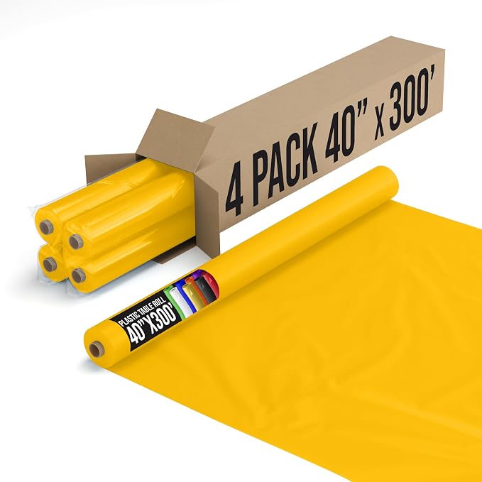 Exquisite Party Solids Yellow Plastic Table Cover Roll, Pack of 4-40" X 300' Table Cloth Plastic Cover Roll - Premium Quality Thick 0.5 MIL Banquet Rolls - Disposable Tablecloth Rolls by Exquisite