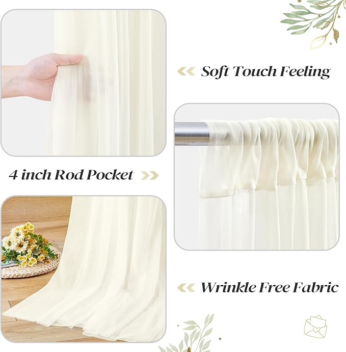 30ft x 8ft Ivory Backdrop Curtain Panels with Lights String for Parties, Sheer Tulle Wedding Backdrop Drapes for Baby Shower Birthday Party Home Decorations - Image 5