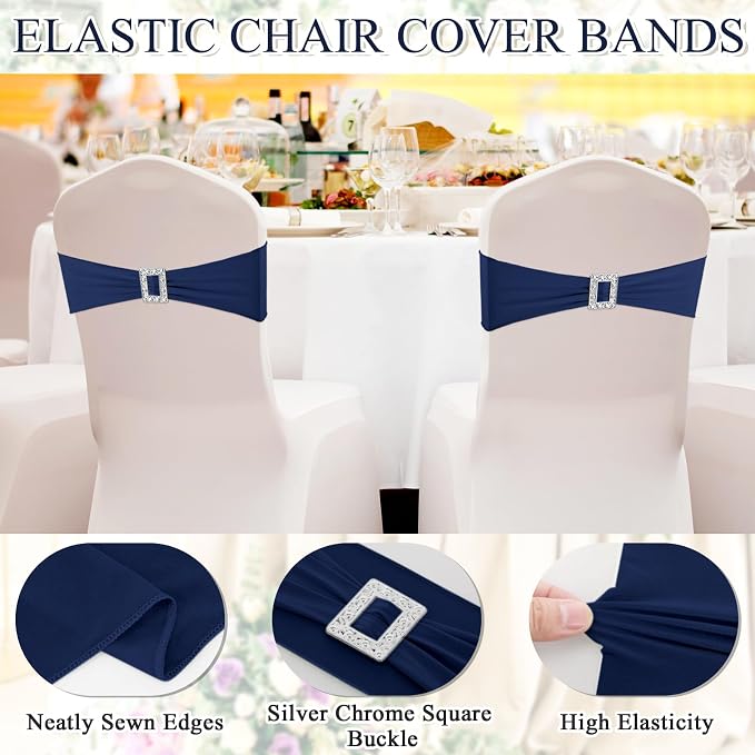 VitalCozy 100 Pcs Spandex Chair Sashes Wedding, Square Buckle, Navy Blue - Image 3