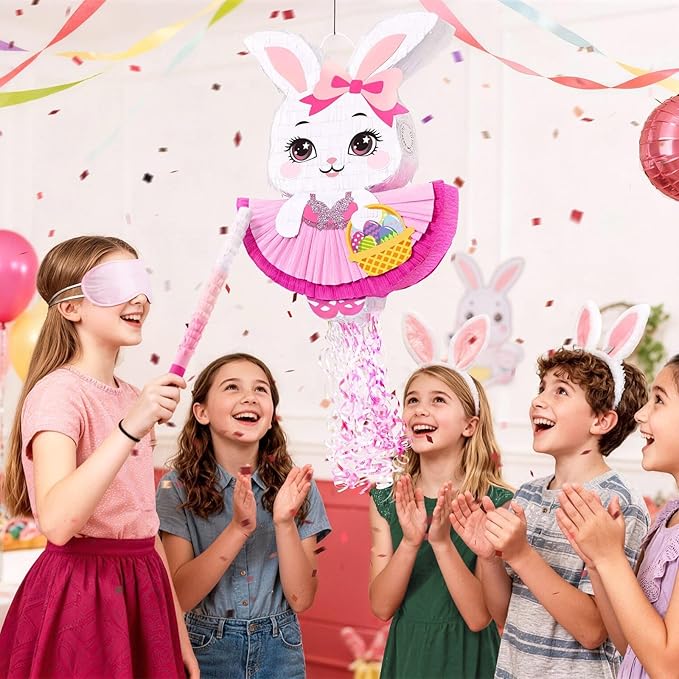 WERNNSAI Easter Bunny Pinata – Pink Easter Rabbit Pinata with Blindfold and Stick Spring Easter Egg Hunt Game Party Decorations Birthday Carnival Supplies