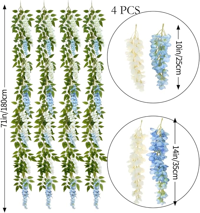 4 Pcs Two-Tone Flower Vine Artificial Wisteria Garland Silk Faux Hanging | blue-white Suitable for Home Hotel Stairs Wedding Arch Party Indoor Outdoor Decoration - Image 2