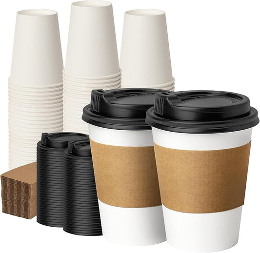 12 oz 100 Pack Coffee Cups with Lids and Sleeves | Hot Paper Coffee Cups with Lids, Disposable Cups with Lid for Coffee, Tea, Ideal for Cafes, Offices and Travel by VPACKDUO