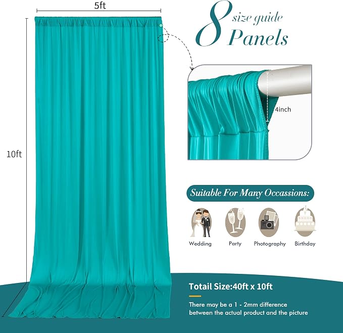 10 ft x 40 ft WWrinkle Free Turquoise Backdrop Curtain for Parties, Thick Polyester Teal Photo Backdrop Drapes,8 Panels 5ft x 10ft for Baby Shower Wedding Engagement Birthday Mermaid Party - Image 5