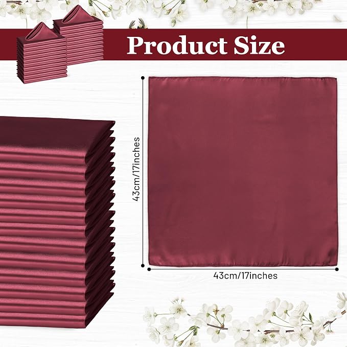 Bailarina 80 Pack Burgundy Satin Napkins,17x17 Inches Wedding Napkins Square Soft Silky Table Napkins Bulk Decorative Elegant Cloth Napkin for Party Decoration, Banquet,Wedding,Graduation - Image 3