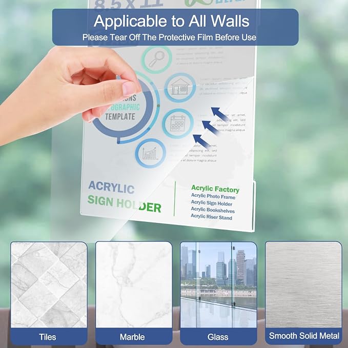 Acrylic Sign Holder 8.5 x 11 Wall Mount, 8.5 X 11 inch Clear Plastic Paper Sign Display with Tape, No Drilling Acrylic Wall Frame for Office, Home, Store, Restaurant (24 Pack) - Image 4