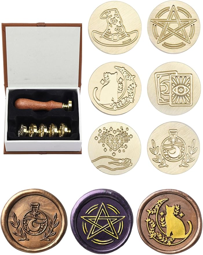 Yoption Wax Seal Stamp Gift Box Set, 6 Pieces Wiccan Copper Sealing Wax Stamp Heads + 1 Wooden Hilt for Invitations Letter Cards Envelopes Witchcraft