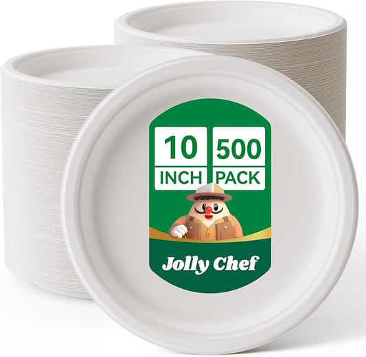 JOLLY CHEF Compostable Heavy Duty Plates   [ ] Eco-Friendly Disposable White Uncoated Paper Plates Bagasse Sugarcane Biodegradable for Hot Cold Food Party Dinner Christmas by JOLLYCHEF