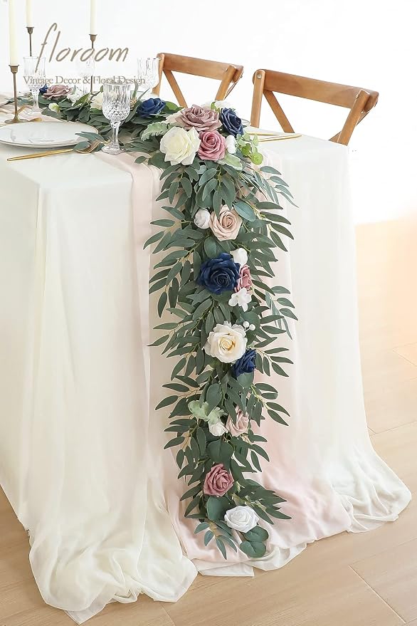 Floroom 6ft Artificial Eucalyptus Garland with Flowers Fake Greenery Faux Floral Vine Garland for Table Decor Wedding Centerpieces Bridal Shower Party Decorations, Dusty Rose & Navy - Image 2