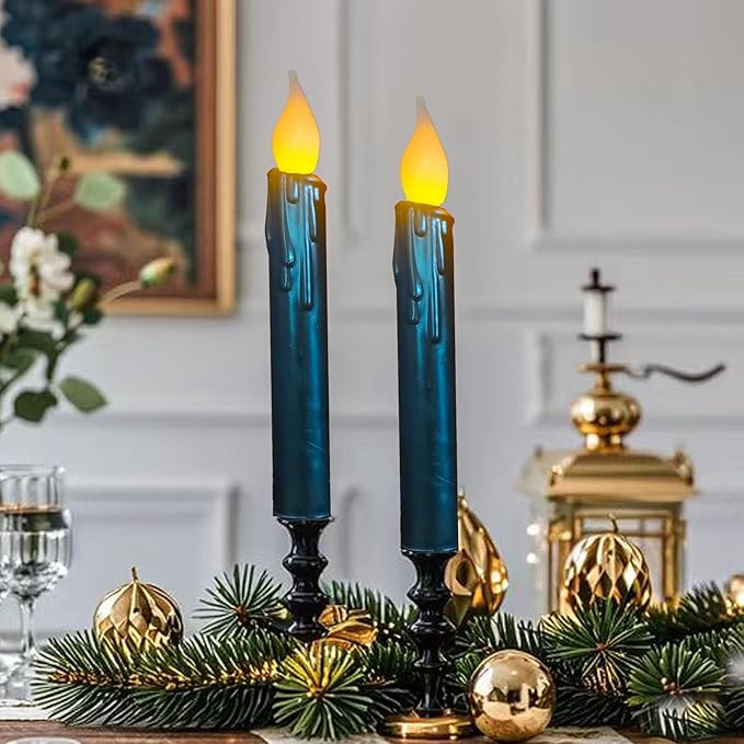 LINCOUNTRY.Primitive Wax Black Flameless Taper Candles Flickering Led Dripped Battery Operated Taper Candles with Timer,6.75 Inch 3D Wick, Christmas Home Halloween Fireplace Decor