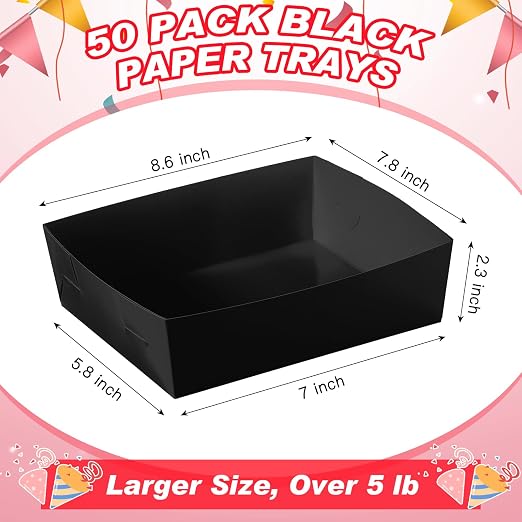 Uiifan 50 Pcs 5 lb Extra Large Paper Food Trays Disposable Food Boat Nacho Plate Serving Snack Trays Grease Resistant Self-assembly for Back to School Party Birthday Wedding Supply (Black) - Image 3