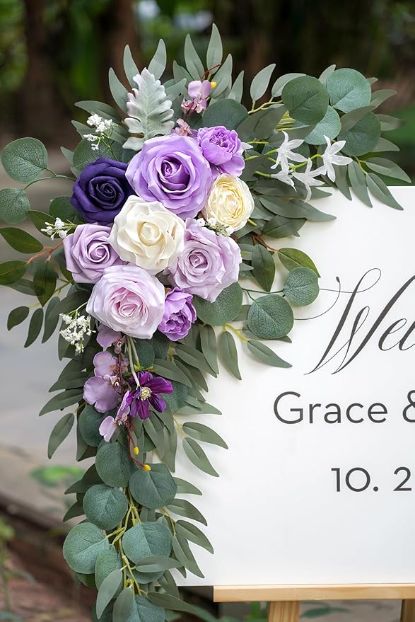 Olalaka Faux Flower Swag Set of 2 for Wedding Welcome Signs Floral Decorations, Purple Wedding Arch Flowers for Wedding Ceremony (Lilac & Purple & Cream) - Image 4