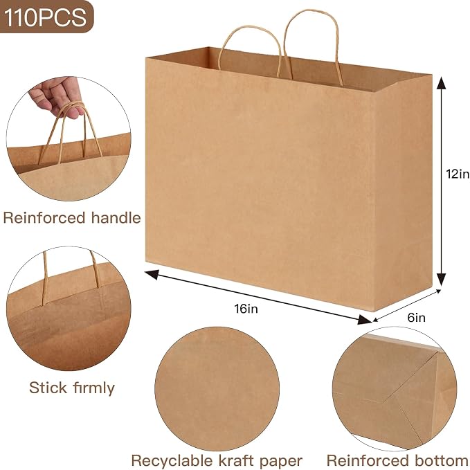 OUTUXED 110pcs 16x6x12in Brown Paper Bags with Handles, Large Gift Bags | Kraft Large Paper Bags with Handles Bulk for Business, Christmas, Gifts, Wedding, Shopping, Grocery, Party Favors - Image 2