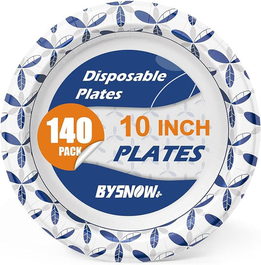 BYSNOW 140 Pack 10 inch Heavy Duty Paper Plates Disposable | Thickened Bulk Plates, Leak And Soak Proof For Dinner, Party, Birthday, Picnic, Banquets, Catering Events, Barbecues by BYSNOW
