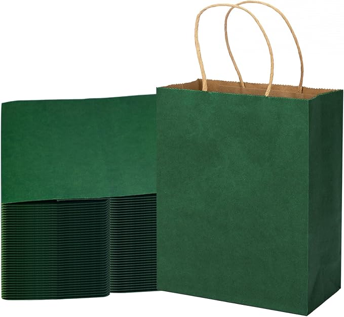 MOZRRO Gift Bags, 100 Pack 10.5x8.5x4.5 Inch, Paper Bags with Handles, Medium Size, Forest Green Gift Bag for Birthday, Wedding, Bulk, Party, Lunch, Goodie by MOZRRO