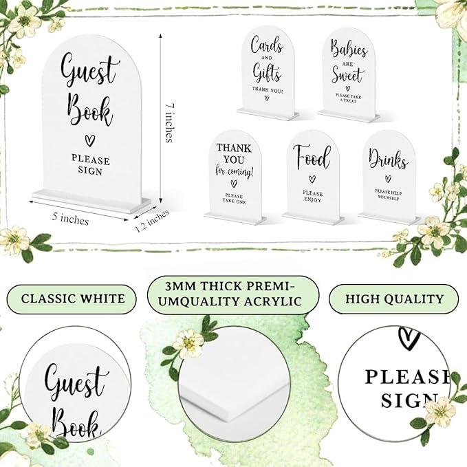 6 Pcs Baby in Bloom Shower Decorations, Baby Shower Sign, Newborn Gifts, Cards and Gifts Signs, Guest Book Sign, Modern Arched Acrylic Table Top Signs With Stand for Birthday Party Decorations (White)