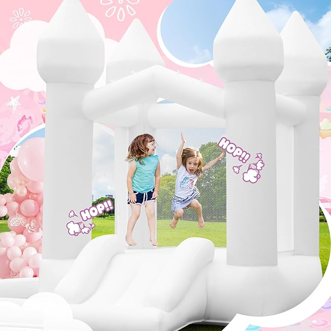 FBSPORT White Bounce House, Inflatable Bouncer with Air Blower,Indoor & Outdoor Bouncy Castle with Big Ball Pit for Wedding Party Kids Birthday Party, Easy to Install