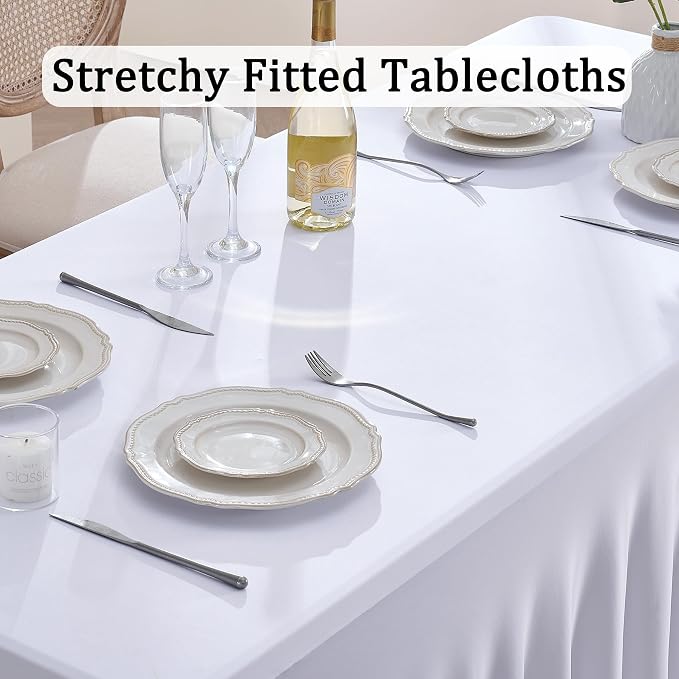 5Pack Spandex White Tablecloth for 6 Foot Rectangle Tables, Wrinkle Free Stretch Table Cloths 6ft Fitted Table Cover Desk Skirt for Parties Weddings Birthday Banquet Baby Shower - Image 2