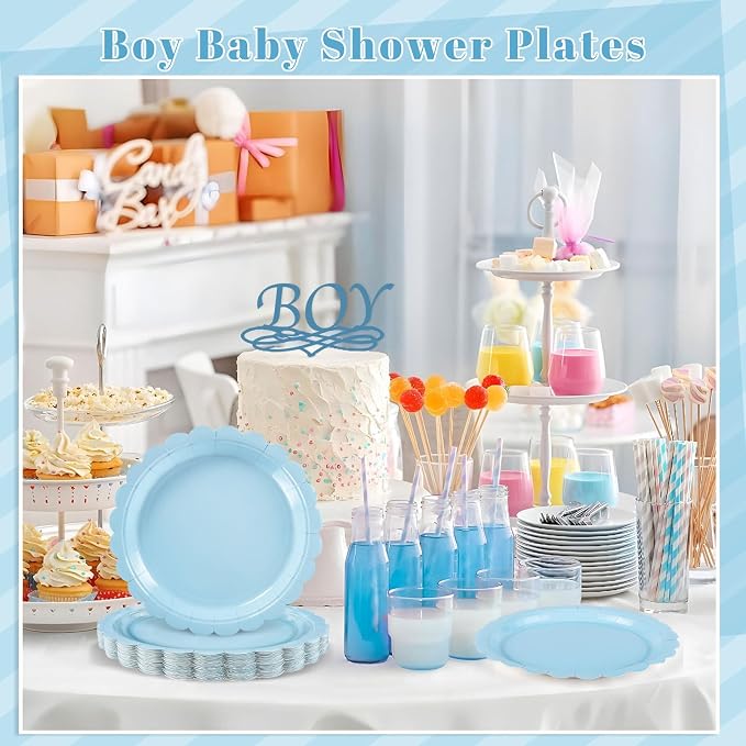NatNarr 30 Pcs Light Blue Plates, 9 Inch Scalloped Blue Plates Dessert Party Plate Cute Paper Plate for Coastal Sea Beach Party, Boy Baby Shower, Birthday, Bachelorette (Pack of 3) - Image 4