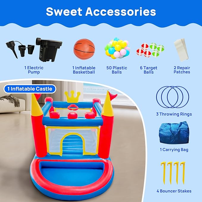 Inflatable Bounce House with Blower, PVC Bouncer for Kids Ages 3-8, Indoor and Outdoor Bouncy Playhouse, Jumping Castle with Pump, Ball Pit, Ringtoss and Target Game, Bouncer for 3 Kids